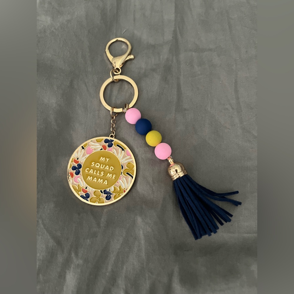Paper Source “My Squad Calls Me Mama” Gold, Navy, and Pink Tassel Keychain